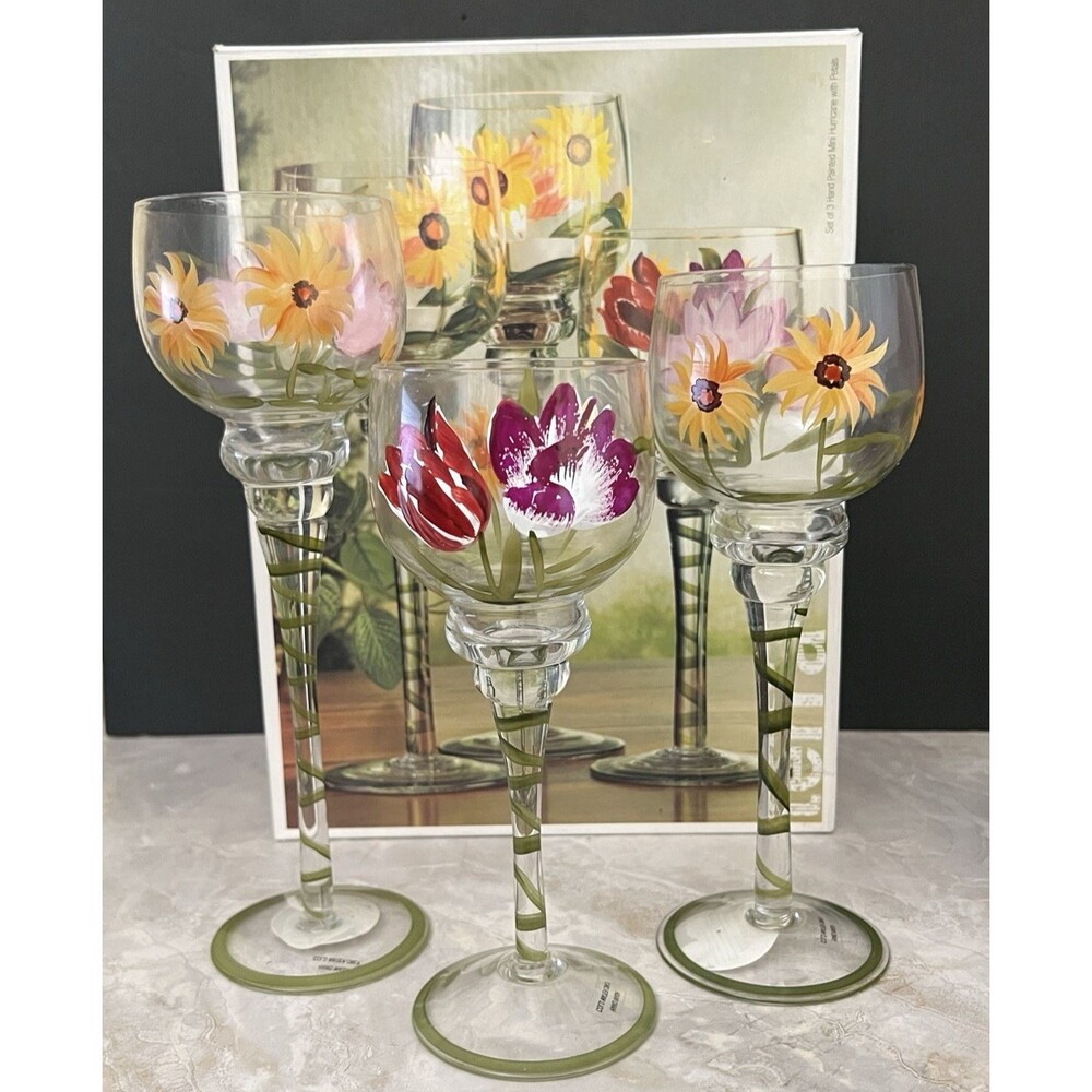 Terra Hand-Painted Mini Floral Hurricanes or Wine Glasses Set Of 3 Candle Holder - Picture 10 of 10
